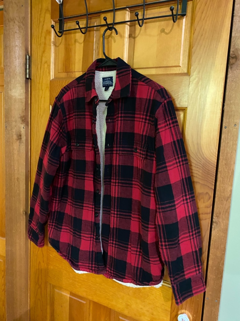 J. Crew Factory Red and Black Plaid Sherpa-Lined Jacket